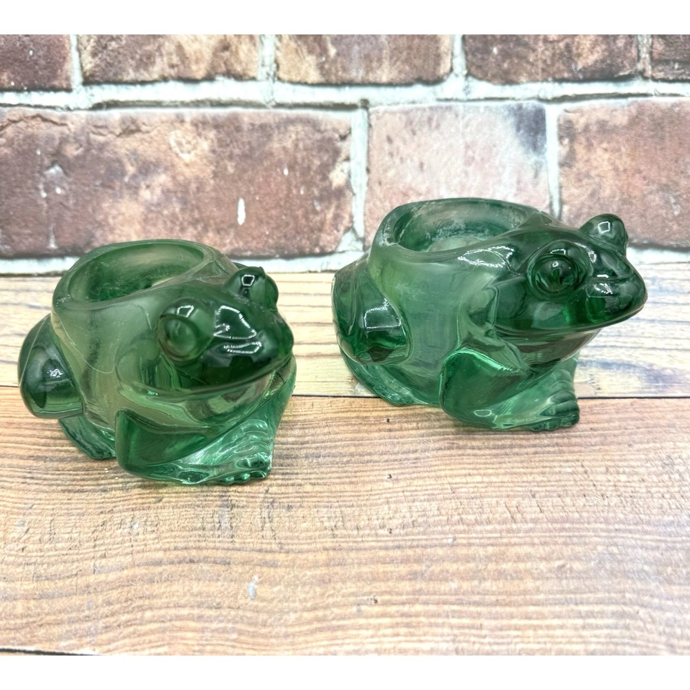 Vtg 2 Indiana Glass Spanish Green Frog Votive Holders Candle Holders Pair Set